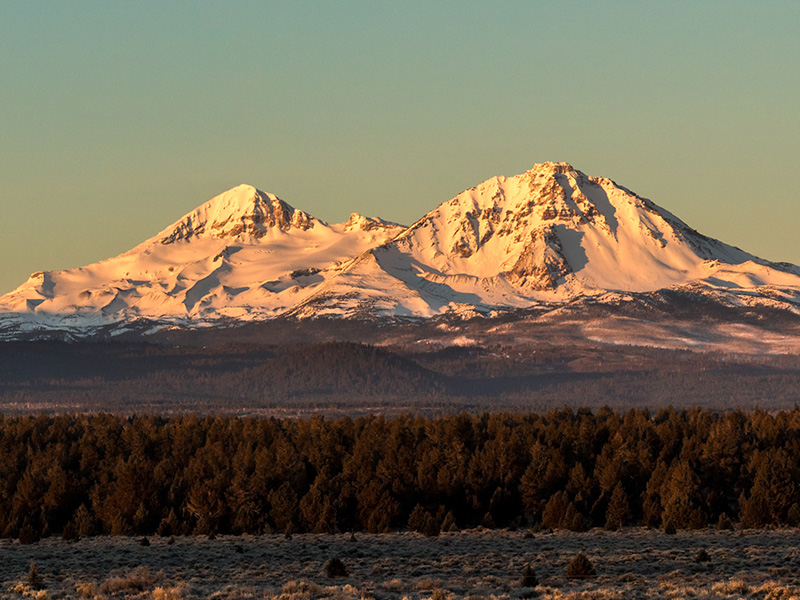 The image captures a majestic snow-capped mountain range under the soft glow of a sunset, with the silhouette of mountains and trees in the foreground.
